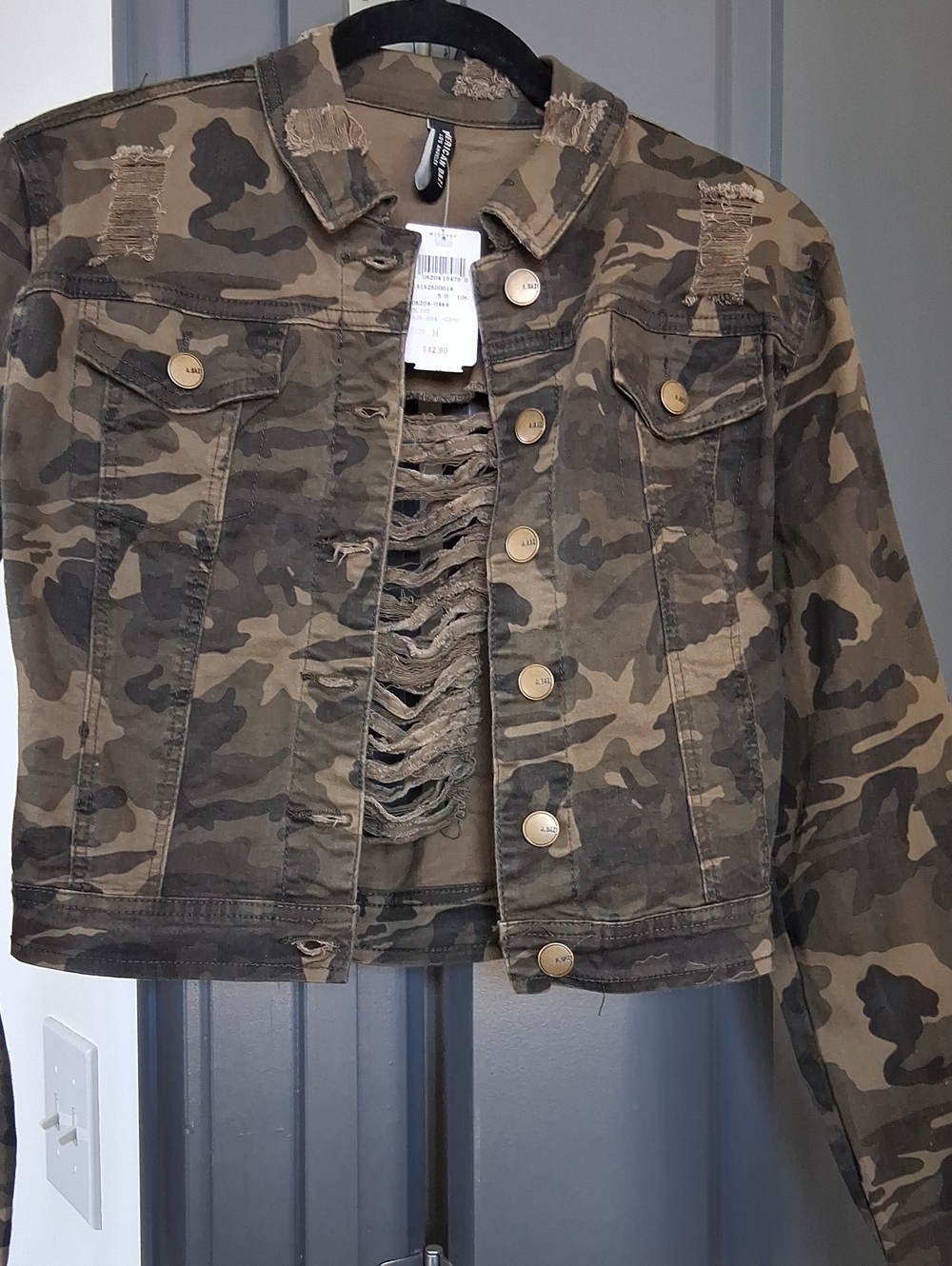 American Bazi Distressed Camo Denim Jacket in Olive and Brown